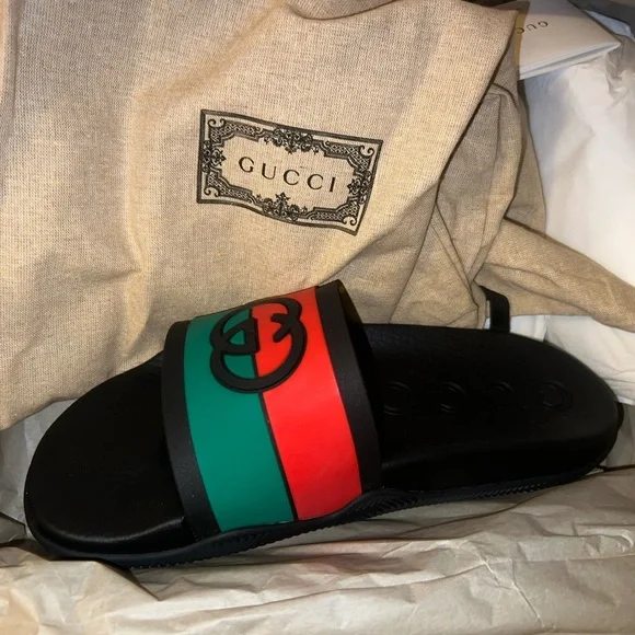 Gucci | Shoes | Gucci Mens Black Red And Green Slide Sandals  display picture 3